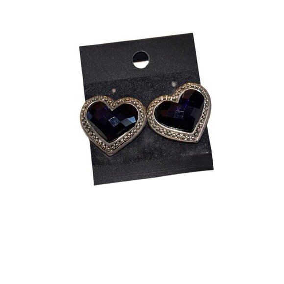Vtg Blue Stone Heart Shaped Earrings w Silver Metal Trim - Retro Oversized - Picture 1 of 4